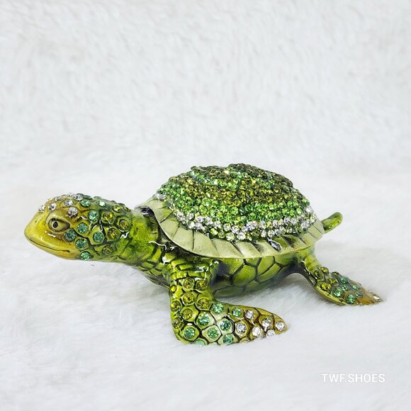 H&D Crystal Green Sea Turtle Jewelry Coin Trinket Box Magnetic - Picture 1 of 11
